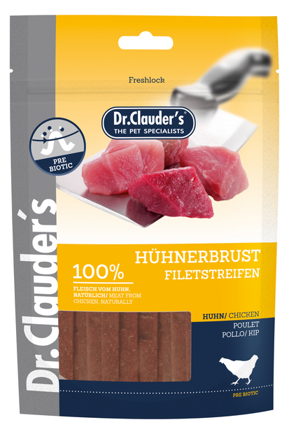 DR. CLAUDER'S vytintos vištienos krūtinėlės skanėstas juostelėmis šunims 80g