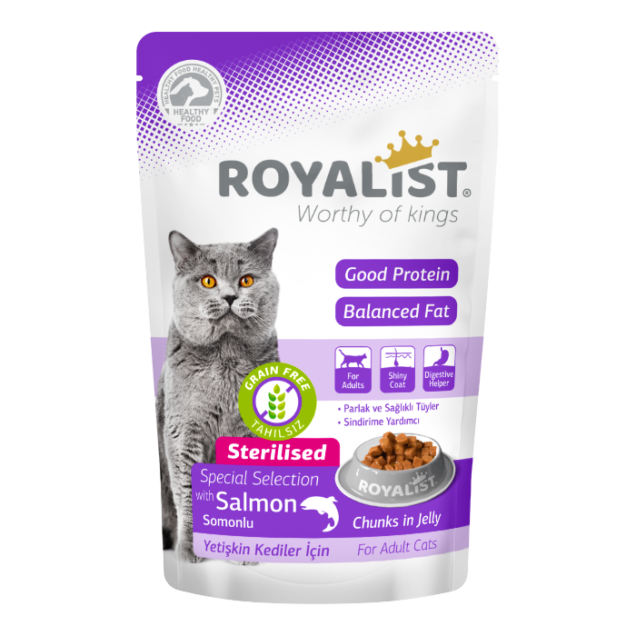 ROYALIST WET POUCH CAT SALMON STERILISED, konservai drebučiuose su lašiša sterilizuotoms katėms, 85g