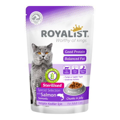 ROYALIST WET POUCH CAT SALMON STERILISED, konservai drebučiuose su lašiša sterilizuotoms katėms, 85g