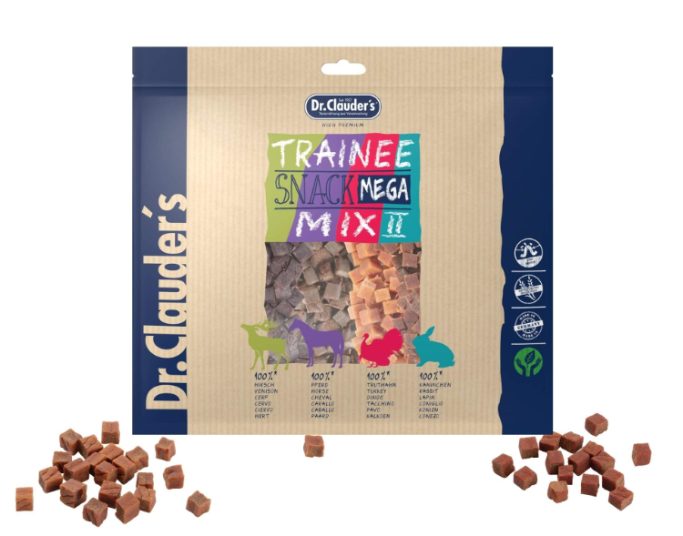 DR. CLAUDER’S TRAINEE SNACK MEGA MIX2 vytintos mėsos skanėstai kubeliais šunims ir katėms 500g