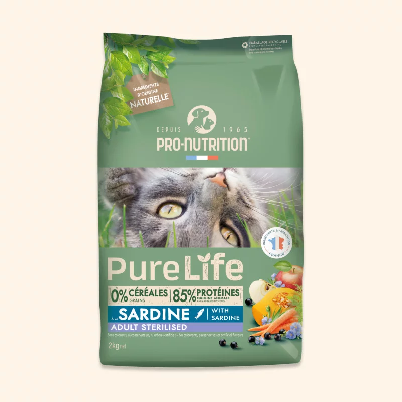 PRO-NUTRITION Pure Life Adult Sterilised sardine sausas maistas suagusioms sterilizuotoms katėms su sardinėmis 2-8 kg