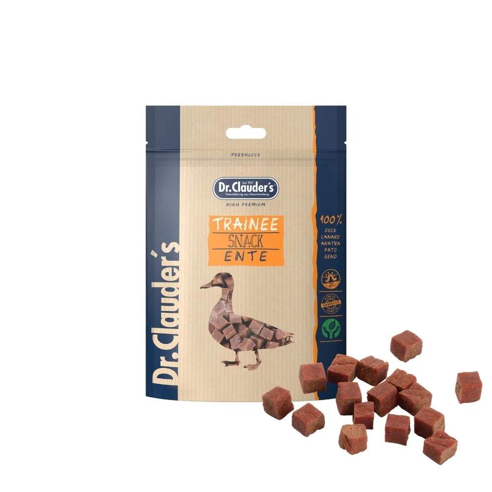 DR. CLAUDER’S TRAINEE SNACK, vytintos antienos skanėstai kubeliais šunims ir katėms 80g
