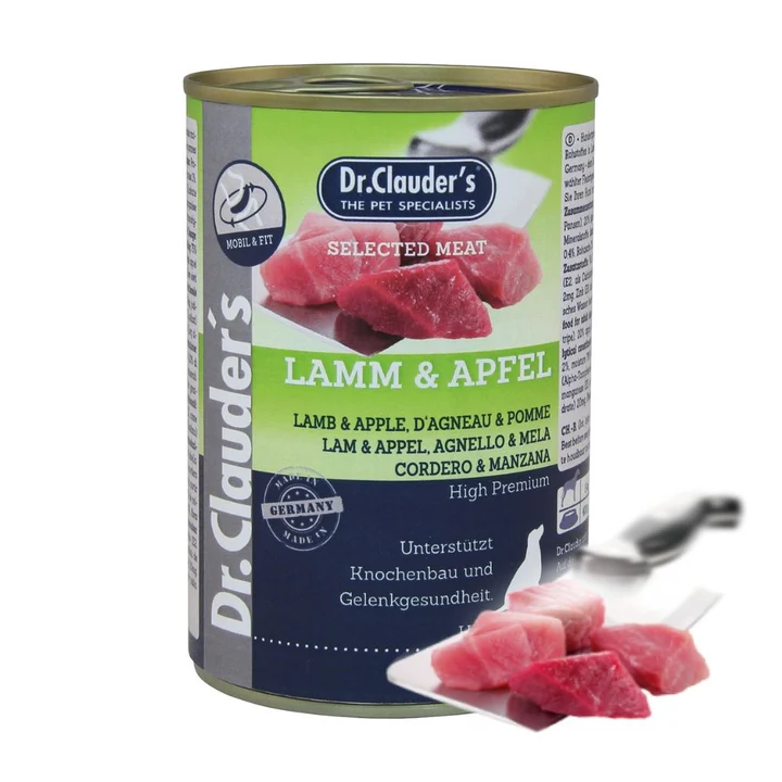 DR. CLAUDER'S subalansuotas drėgnas maistas šunims su ėriena ir obuoliais kaulams ir sąnariams 800g