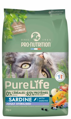 PRO-NUTRITION Pure Life Adult Sterilised sardine sausas maistas suagusioms sterilizuotoms katėms su sardinėmis 2-8 kg