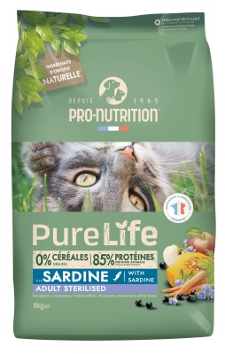 PRO-NUTRITION Pure Life Adult Sterilised sardine sausas maistas suagusioms sterilizuotoms katėms su sardinėmis 2-8 kg