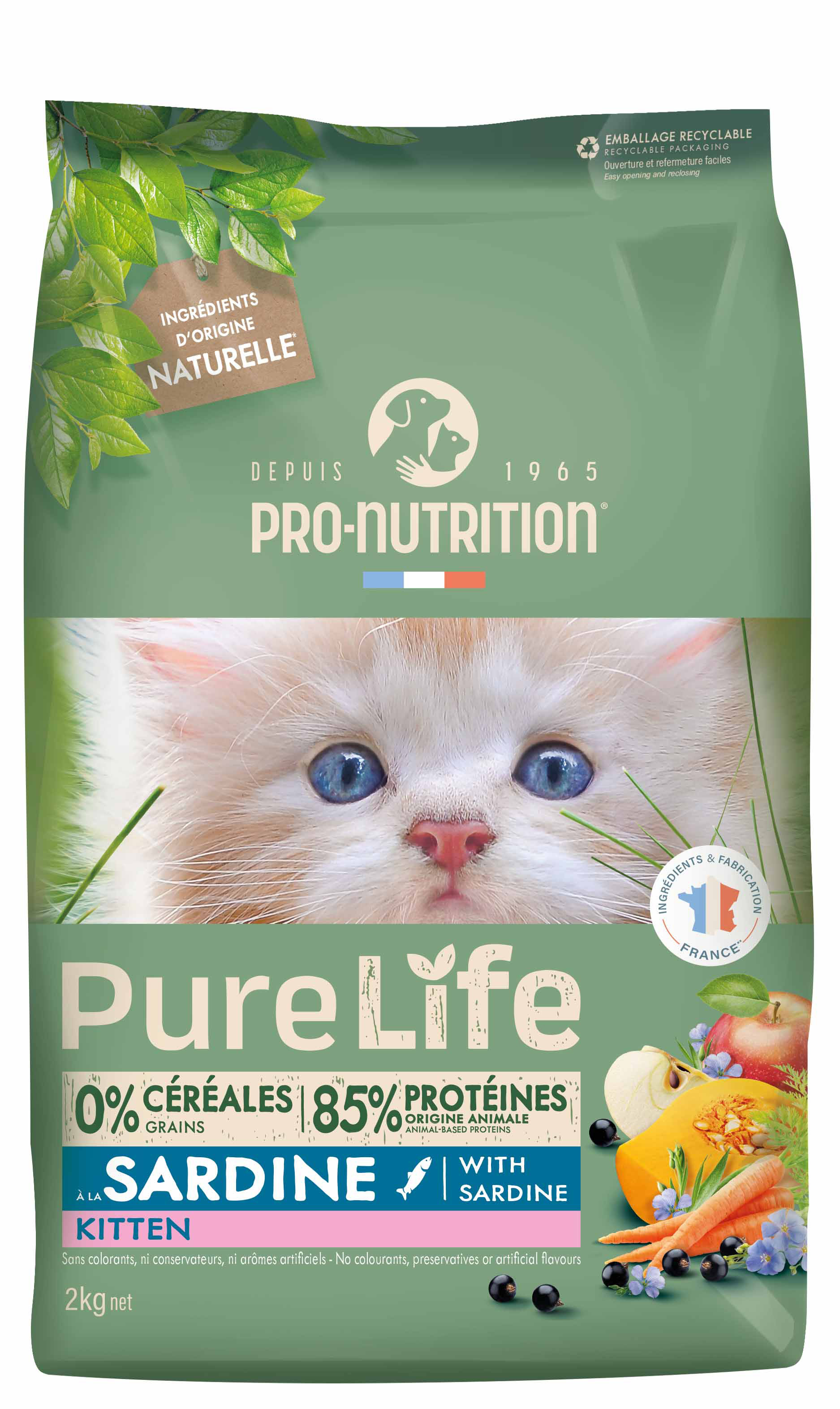 PRO-NUTRITION Pure Life kitten sardine sausas maistas jauniems kačiukams su sardinėmis 2 kg PRO-NUTRITION Pure Life kitten sardine sausas maistas jauniems kačiukams su sardinėmis 2 kg